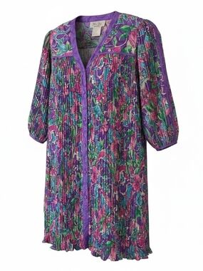 DIANE FREIS | Vintage 80s Pintuck Tunic Dress Floral Boho Caftan Purple | 2X 3X